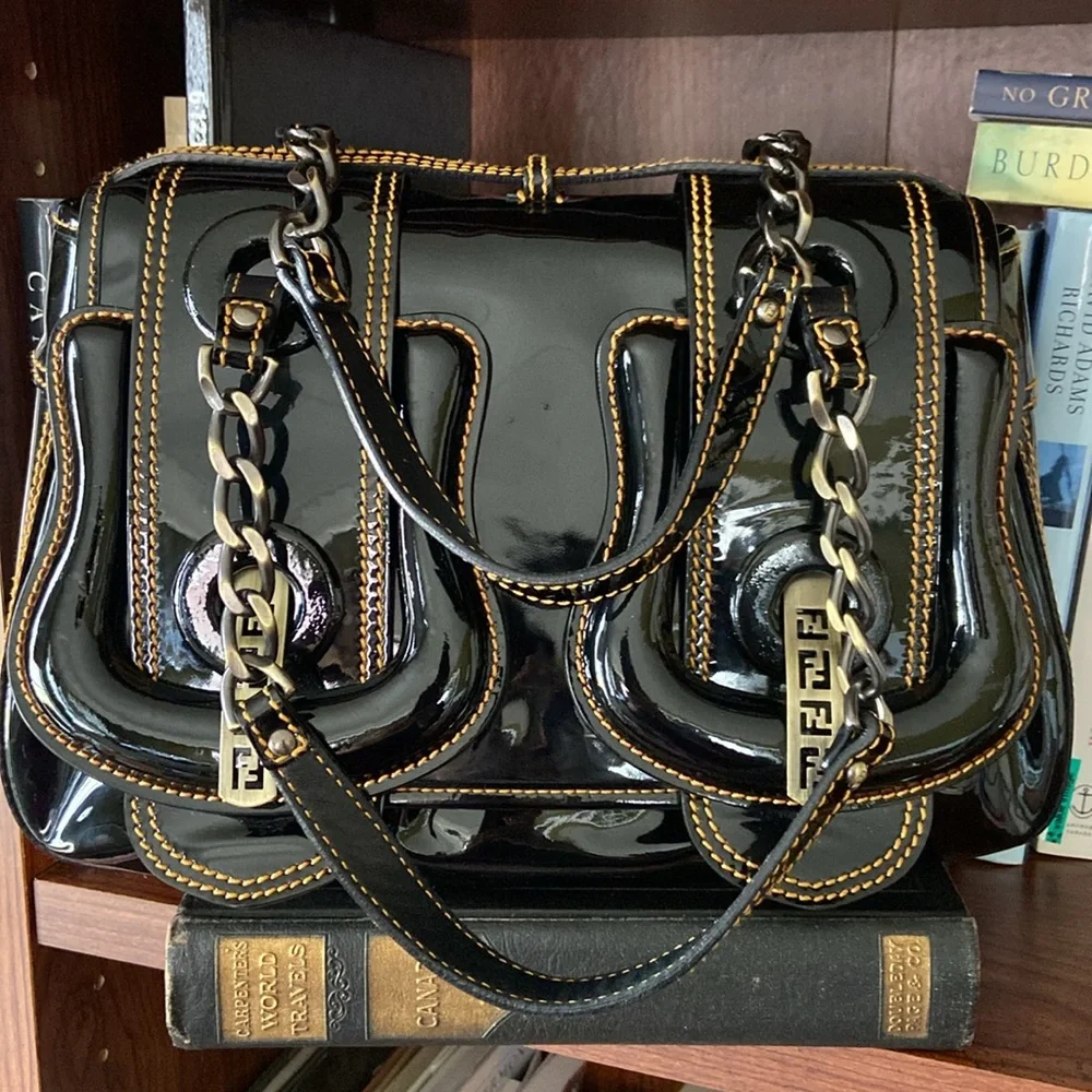 Fendi B Bag Purse in Black Patent Leather with Orange Contrast Top Stitching - Picture 14 of 16